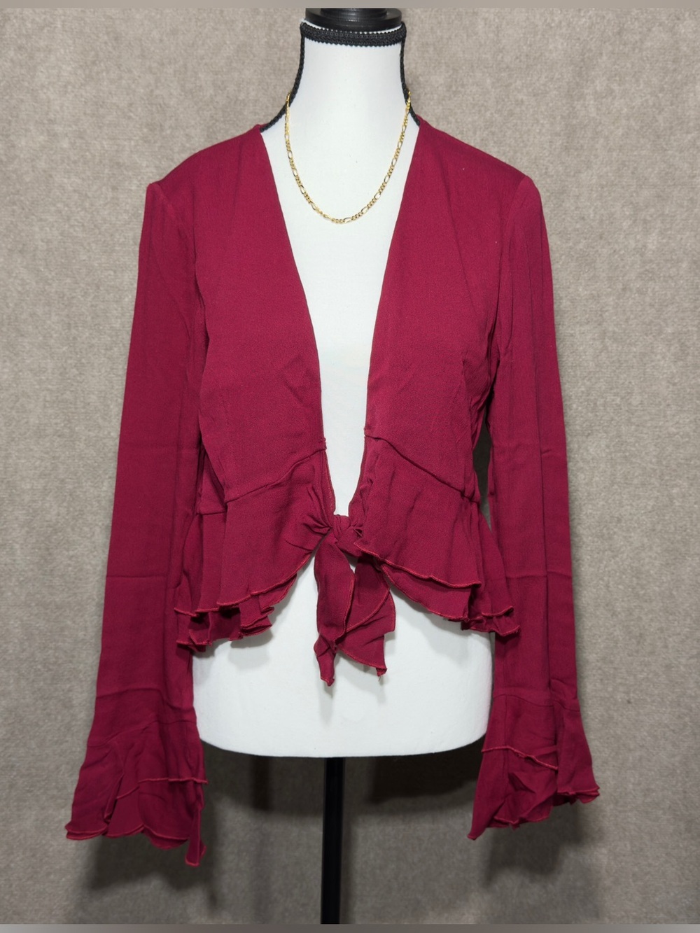 Y2K Romantic Burgundy Tie Front Top M Bell Sleeve Peplum Flowy Blouse Feminine